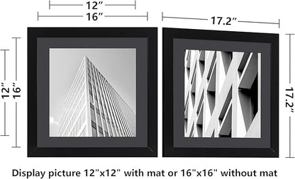 ELSKER&HOME 16x16 Picture Frame Black Set of 3, Square Picture Frame Display Photo 12x12 with Mat or 16 x 16 Without Mat, Horizontal and Vertical Wall Mounting