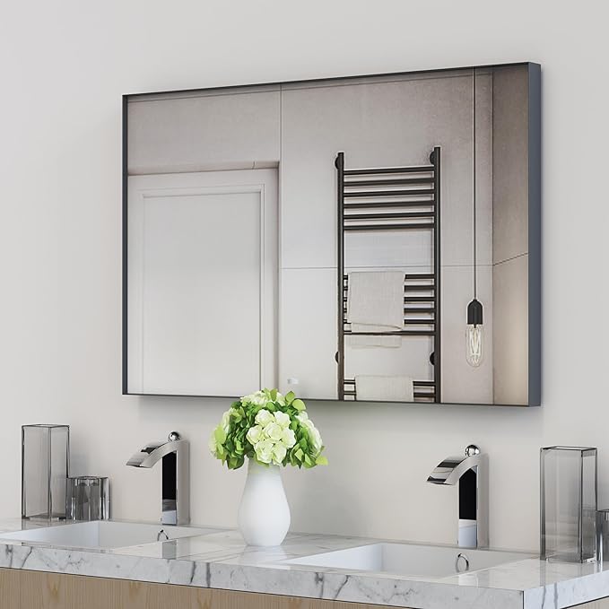 VocalStar Black Framed Mirror for Bathroom 40 x 30 Inch, Large Rectangular Wall Mirror Square Corner Metal Frame Bathroom Vanity Mirror Farmhouse, 1/4-inch Shatterproof Glass | Ultra-Flush Hanging