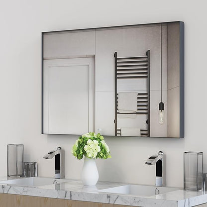 VocalStar Black Framed Mirror for Bathroom 40 x 30 Inch, Large Rectangular Wall Mirror Square Corner Metal Frame Bathroom Vanity Mirror Farmhouse, 1/4-inch Shatterproof Glass | Ultra-Flush Hanging