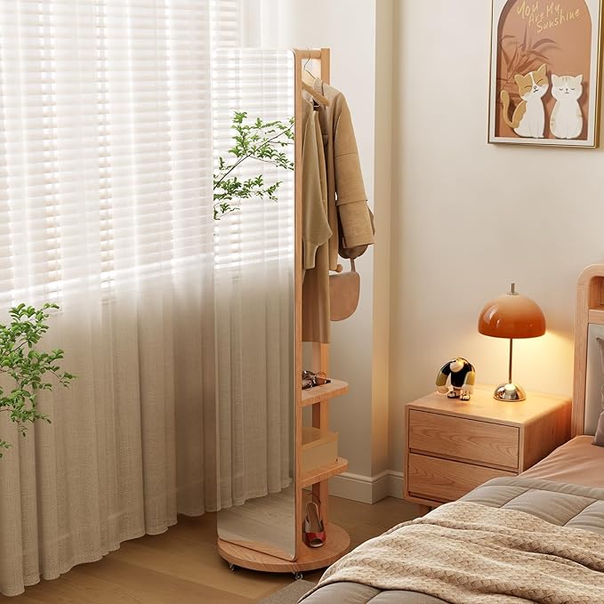 WoodsWhisper Full Length Mirror Coat Rack Solid Wood Floor Mirror 66"x12" Full Length Mirror with Stand Long Mirrors for Bedroom,Living Room (Natural-Mobile, 66" Lx12 W)