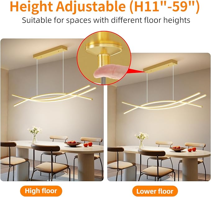 Modern Ceiling Chandelier Light, 47IN Gold Pendant Light Fixtures with Remote Control 3000k-6500K Adjustable Color Temperature, Aluminum Island Lighting Lamp for Dining Room, Living Room, Island