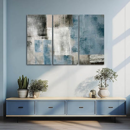 SDYA Blue Abstract Wall Art Set Of 3 Canvas,20x40 Inch Modern Blue Grey Minimalist Painting, Contemporary Wall Decor for Living Room Bedroom Office