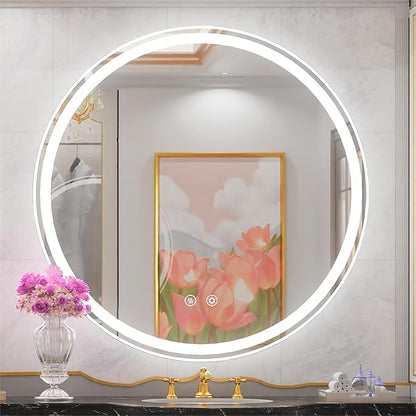 40 Inch Round LED Bathroom Mirror with Anti-Fog, Dimmable Front & Backlit Lights, 6000K Daylight, Frameless, 5mm HD Glass, Memory Function, Touch Control