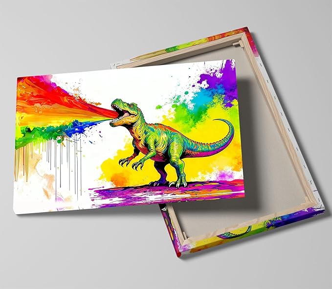 16x24 Graffiti Wall Art Colorful T-Rex Spitting Rainbow Fire Framed Canvas Dianosaur Prints Decor Pop Cartoon Picture Kids Nursey Bathroom Pictures Teen Boys Bedroom Child Funny Animals Posters