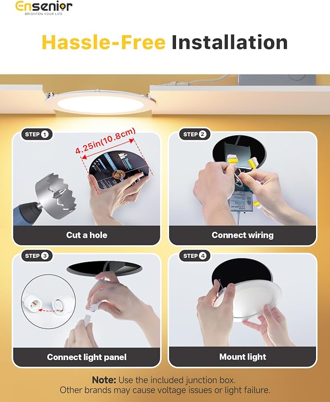 Ensenior 6 Pack 4 Inch LED Recessed Light, Dimmable, 5000K Daylight, 750LM High Brightness, 9W 120V, Damp Rated, Ultra-Thin Canless Wafer Ceiling Light - ETL & FCC & IC