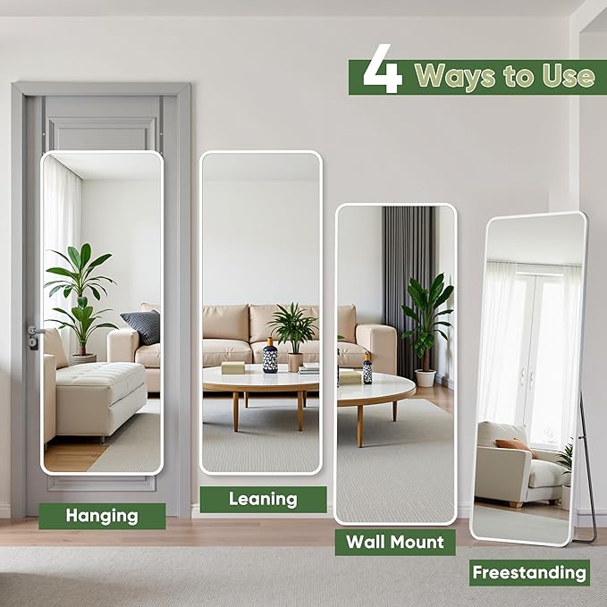Suidia Full Length Mirror Over the Door&Wall Mounted, 48"x14" Door Mirror with Aluminum Alloy Frame, HD Shatterproof, No-Drill, Hanging Mirrors for Bedroom, Bathroom, Dorm, Closet, Rounded Rect, White