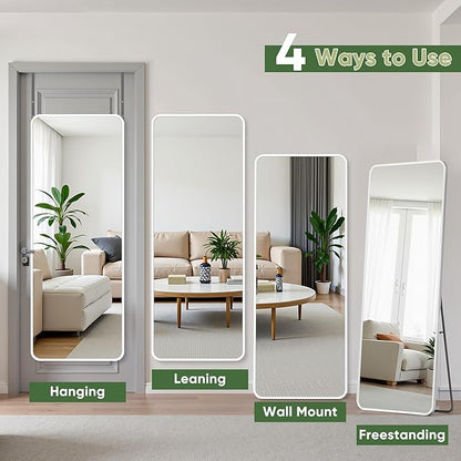 Suidia Full Length Mirror Over the Door&Wall Mounted, 48"x14" Door Mirror with Aluminum Alloy Frame, HD Shatterproof, No-Drill, Hanging Mirrors for Bedroom, Bathroom, Dorm, Closet, Rounded Rect, White