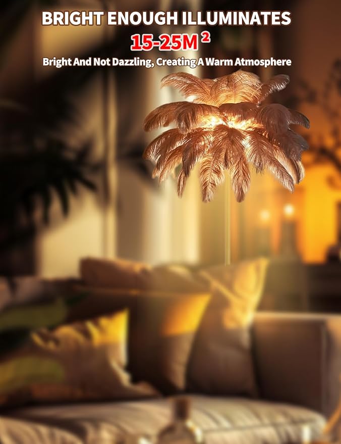 Feather Floor Lamp,Fluffy Ostrich Feather Floor Lamp for Bedroom,3 Color Temperatures Led Corner Modern Floor Lamps for Living Room Christmas Home Decor House Warming Gifts,63″ Height,50 Piece(Brown)