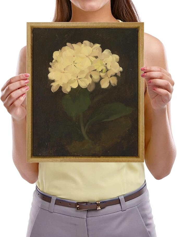 Pyradecor Retro Vintage Framed Wall Art Cottagecore Decor White Hydrangea Oil Painting Canvas Prints Mid Century Wall Decor for Living Room Farmhouse Decorations
