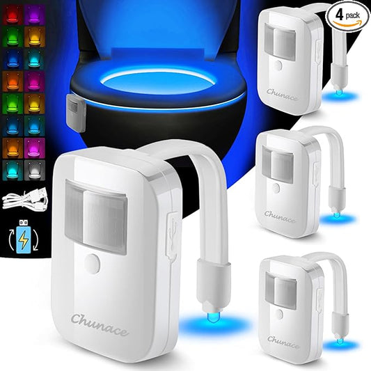 Chunace 4 Pack Rechargeable Toilet Night Light with Motion Activated Sensor, 16 Colors LED Nightlight Inside Bowl, Cool Stuff for Bathroom Decor Accessories, Unique & Funny Gadgets for Men/Kids 2025