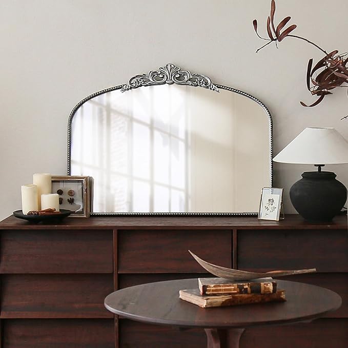 Micasso Vintage Silver Arched Mirror: 36"x29" French Baroque Antique Wall Mounted Mirror - Traditional Ornate Decorative for Wall/Fireplace/Entryway/Bathroom/Hallway - Home Decor for Living Room