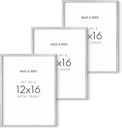 HAUS AND HUES 12x16 Silver Picture Frames - Set of 3 Modern Aluminum Frames for Posters, Prints, or Gallery Walls (12x16 in, Silver, Set of 3)