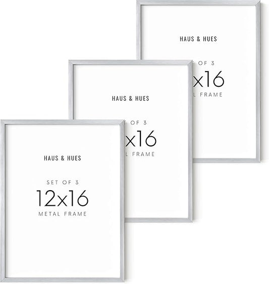 HAUS AND HUES 12x16 Silver Picture Frames - Set of 3 Modern Aluminum Frames for Posters, Prints, or Gallery Walls (12x16 in, Silver, Set of 3)