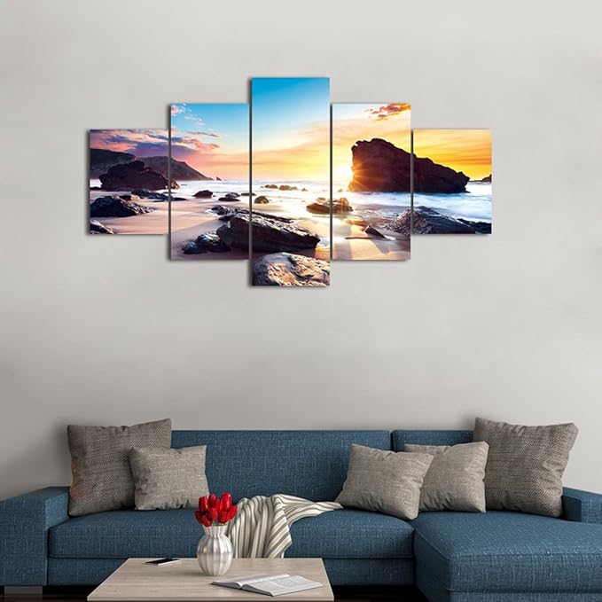 5 Piece Beach Sea Scene Wall Art for Bedroom Modern Home Decor HD Landscape Canvas Print Picture Bathroom Canvas Framed Wall Artwork Giclee Art Ready to Hang-60''W x 32''H
