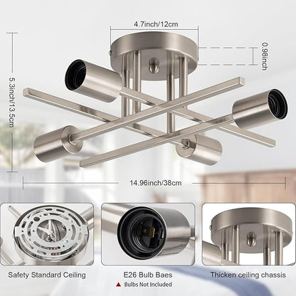 4-Light Modern Sputnik Chandeliers, Silver Mid Century Semi Flush Mount Ceiling Light Fixtures with E26 Base, Industrial Vintage Kitchen Farmhouse Light for Dining Room Bedroom Living Room