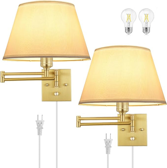 TRLIFE Dimmable Wall Sconce Plug in, Brushed Brass Wall Sconces Set of 2 Swing Arm Wall Lights with Plug in Cord and Dimmer On/Off Knob Switch, 11.8" Large White Fabric Shade(2 LED Bulbs Included)