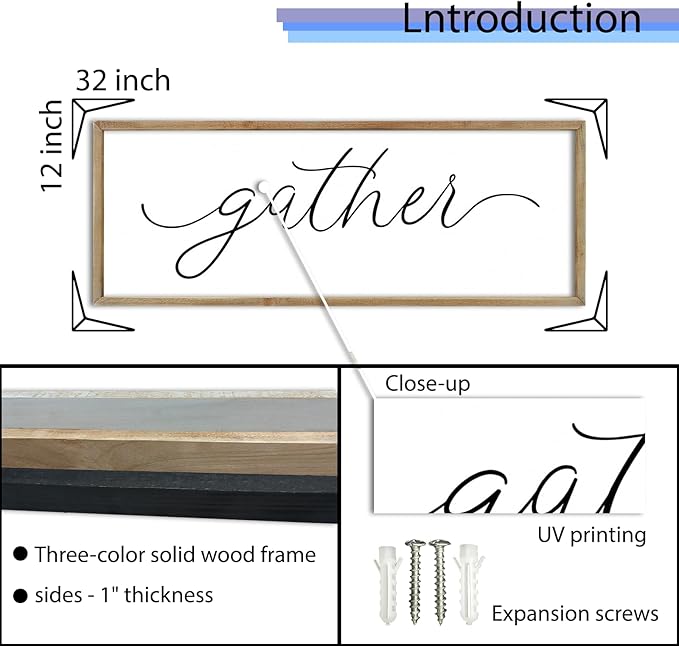 FZMHASLWW Gather Sign Wall Decor 32"×12" Large Wooden Framed for Dining Room Simple Home Kitchen Hanging Art (Wood)