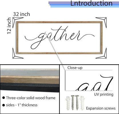 FZMHASLWW Gather Sign Wall Decor 32"×12" Large Wooden Framed for Dining Room Simple Home Kitchen Hanging Art (Wood)