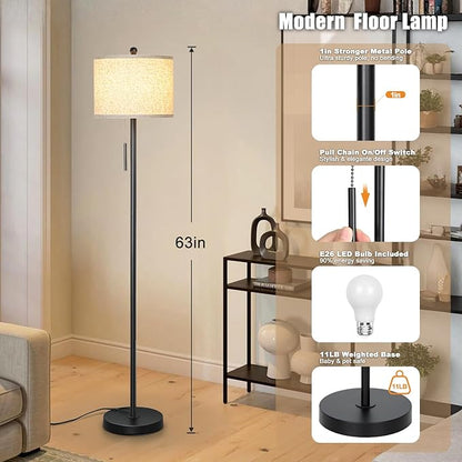 Qingmiao Floor Lamp for Living Room, 63in Black Standing Lamp, 3-Way Dimmable Floor Lamp for Bedroom, Tall Lamp with White Linen Shade for Office