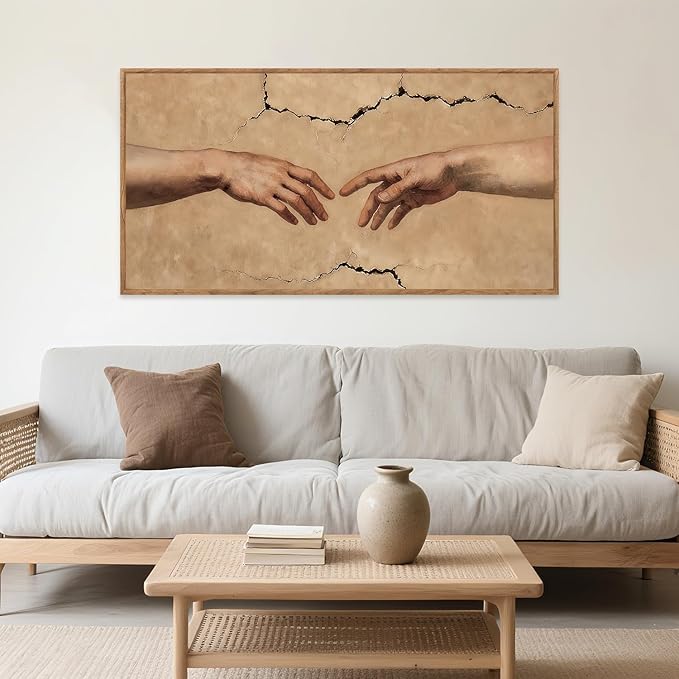Aurlan The Creation of Adam Framed Wall Art(40"x20"), Large Christian Religious Hands of God Canvas Artwork, Classic Earth Tone Michelanglo Graffiti Street Art Decor for Home Office Bedroom