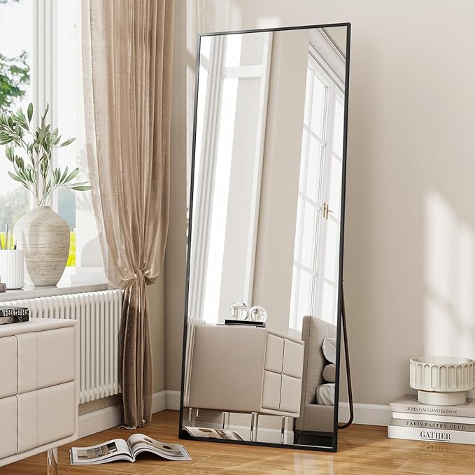 VooBang Full Length Mirror, 71" x 26" Floor Mirror with Stand, Aluminum Alloy Frame Full Body Mirror, Standing Hanging or Leaning Against The Wall for Bedroom Living Room, Black