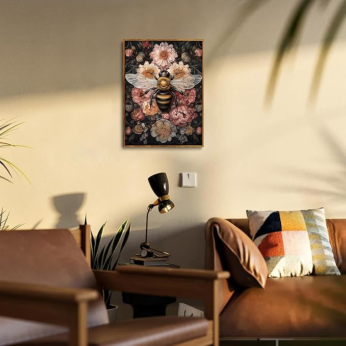 Framed Vintage Canvas Wall Art Dark College Bee Flower Paintings Wall Decor Nature Floral Botanical Pictures Prints for Living Room Bedroom 8x10in