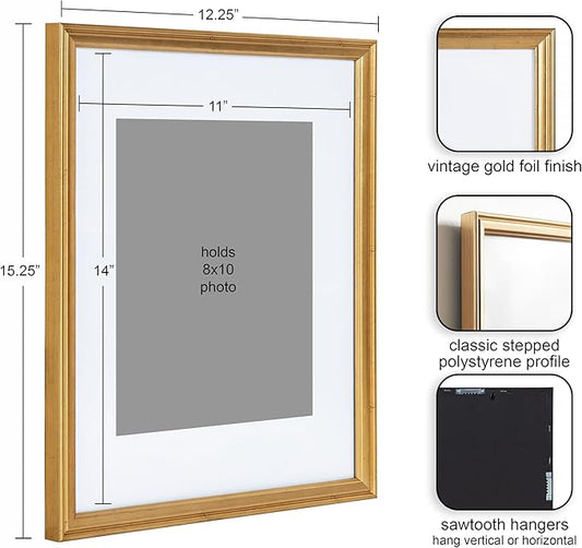 Kate and Laurel Adlynn Wall Picture Frame Set, 11" x 14" matted to 8" x 10", Gold, Set of 4