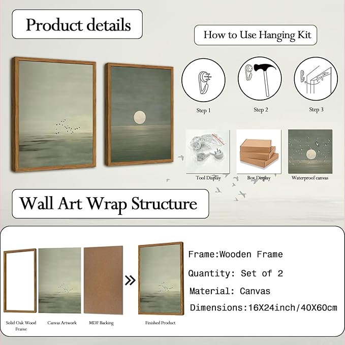 Framed Sage Green Japanese Canvas Wall Art Set of 2, Minimalist Moon and Birds Pictures Wall Decor, Neutral Landscape Artwork Paintings Prints Zen Home Decor for Living Room Bedroom Office 16x24 Inch