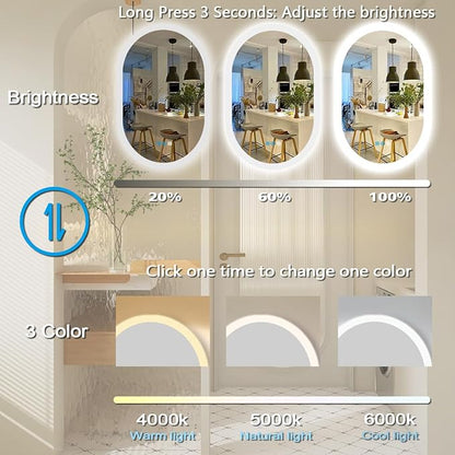 THEKLA 24 x 32 inch Oval Lighted Mirror for Bathroom Wall Horizontal Vertical Mount Makeup Oval Backlit Vanity Mirror with Lights Memory 3 Color Dimmable AntiFog 32" Back Light up LED Ovals Mirror
