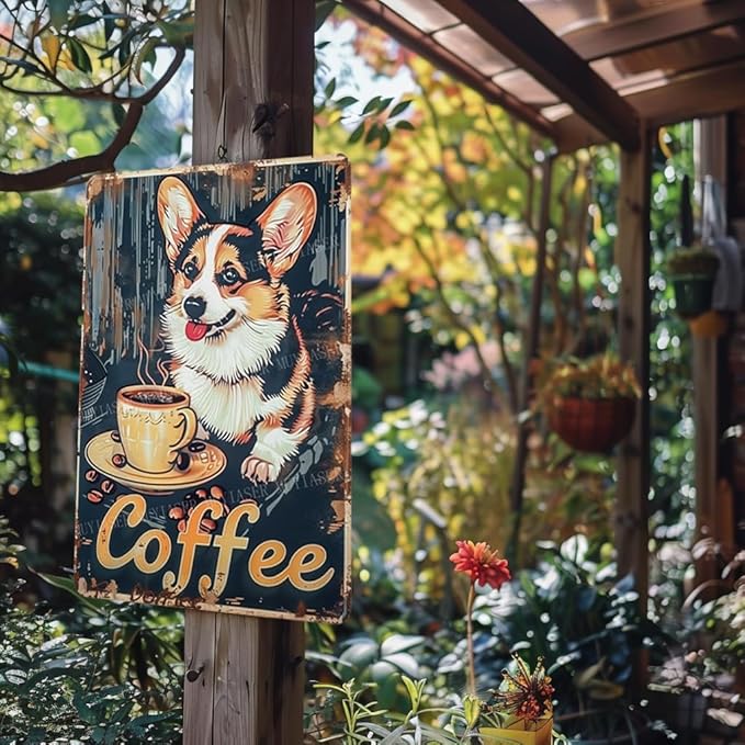 Metal Signs Corgi dog Coffee Sign Vintage Signs Retro Aluminum Tin Sign for Kitchen Office Home Bar Cafe Decor 8x12 Inch
