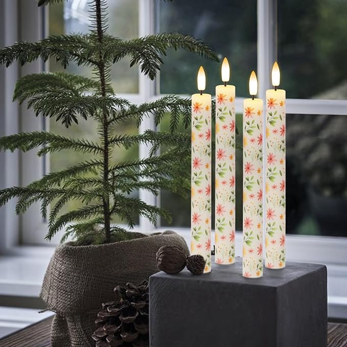 Flickering Flameless Taper Candles with Remote and Timer, 4 Pack Real Wax Battery Operated LED Taper Candles 3D Wick Yellow Flower Decal Dinner Wedding Spring Home Decor(0.75" D x 9.65" H)