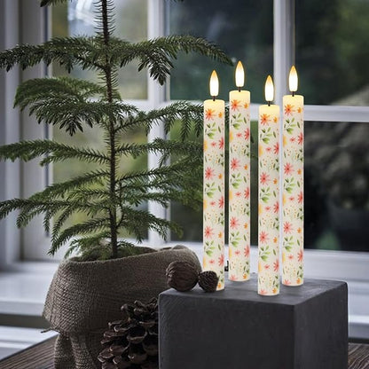 Flickering Flameless Taper Candles with Remote and Timer, 4 Pack Real Wax Battery Operated LED Taper Candles 3D Wick Yellow Flower Decal Dinner Wedding Spring Home Decor(0.75" D x 9.65" H)