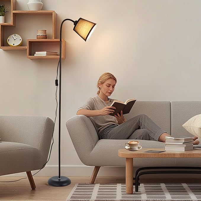 Floor Lamp, Industrial Metal Floor Lamps for Living Room with Adjustable Bendable 2 in 1 Reading Table Lamps for Living Room Bedroom Office (B+Black Shade)