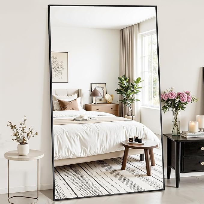 Antok Full Length Mirror,46"x91" Oversized Floor Mirror Freestanding, Full Body Mirrors Floor Standing Mirrors with Stand, Hanging Mounted for Living Room Cloakroom, Black, Rect Style
