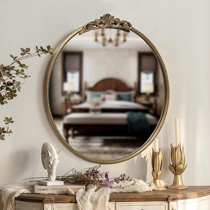 30‘’ Antique Gold Round Wall Mirror with Metal Flower Carving Frame, Small Vintage Retro Baroque Mirror Ornate, Vanity Mirror for Bathroom, Fireplace,Entryway, Living Room (round vindage gold