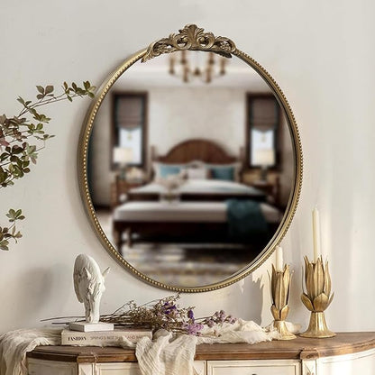 30‘’ Antique Gold Round Wall Mirror with Metal Flower Carving Frame, Small Vintage Retro Baroque Mirror Ornate, Vanity Mirror for Bathroom, Fireplace,Entryway, Living Room (round vindage gold