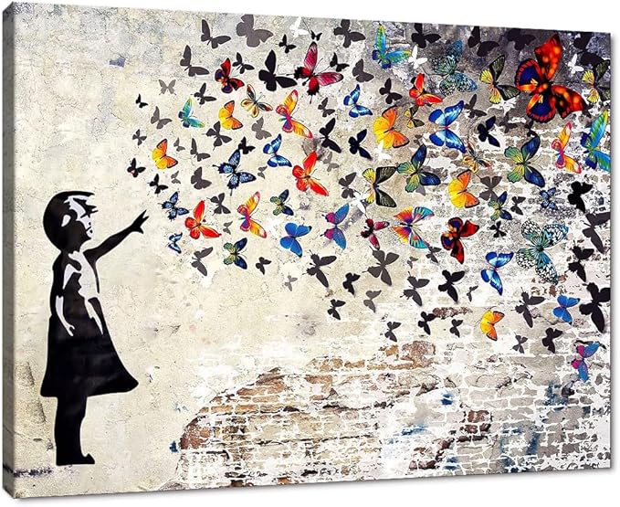 Graffiti Street Wall Art Banksy Painting Artwork Framed Girl with Butterfly Wall Decor Canvas Prints Street Art Picture for Kid Room Bedroom Ready to Hang 18" Wx24 H