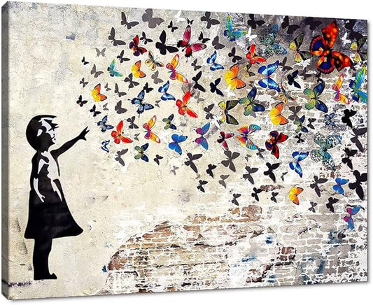 Graffiti Street Wall Art Banksy Painting Artwork Framed Girl with Butterfly Wall Decor Canvas Prints Street Art Picture for Kid Room Bedroom Ready to Hang 18" Wx24 H
