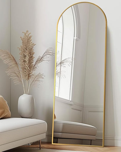 Full Length Mirror, 58"x18" Arched Floor Mirror Freestanding, Floor Standing Full Body Mirror with Stand for Bedroom, Hanging Mounted for Living Room Cloakroom, Gold