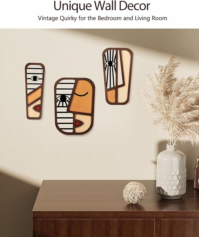 LIFVEAN Abstract Wood Picasso Wall Art Decor - Vintage African Art Tribal Wall Art - Modern Minimalism Mask Home Wall Decor - for Bedroom Bathroom Living Room (3 Piece)
