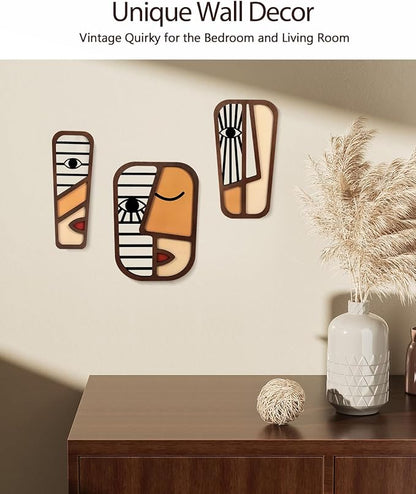LIFVEAN Abstract Wood Picasso Wall Art Decor - Vintage African Art Tribal Wall Art - Modern Minimalism Mask Home Wall Decor - for Bedroom Bathroom Living Room (3 Piece)