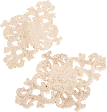 Wood Carved Appliques, 4Pcs Wooden Decorative Onlays, MUXSAM Unpainted Furniture Center Decals for Cabinet Dresser Bed Door Wall Wardrobe Ceiling Decoration Home DIY Project, 21x15cm/8.27"x5.9"