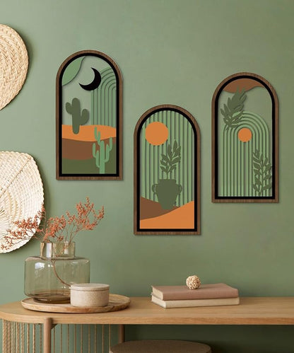 Putuo Decor Boho Wall Decor with Cactus, Modern Wooden Minimalist Wall Decor, Abstract Green Room Decorations 16x8 In Mid Century Artwork for Living Room Bedroom Office in Desert Green Set of 3