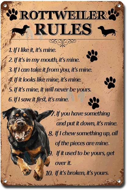 Metal Sign Tin Sign Vintage Wall Art Rottweiler Rules Funny Garden Signs for Home Decor 6×8 Inches