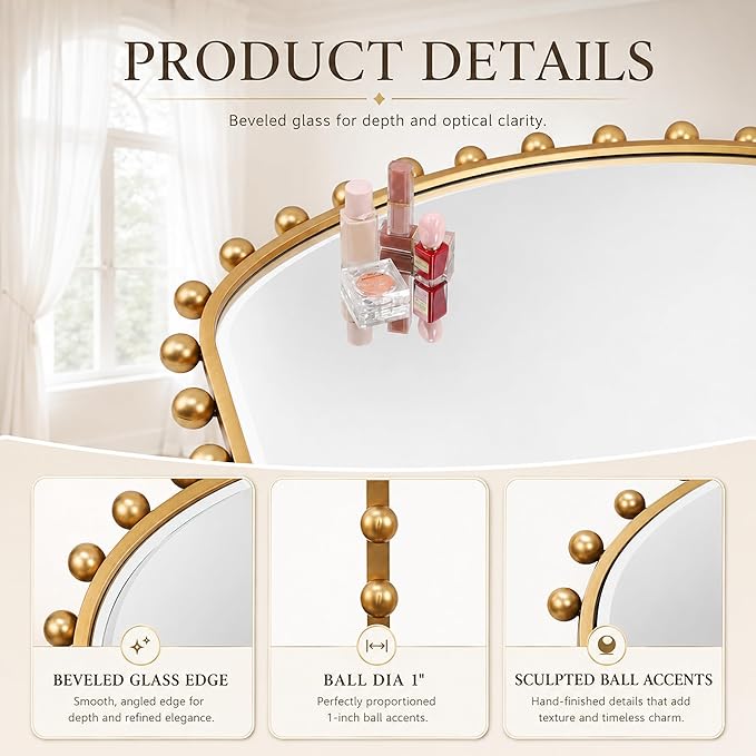 36"x28" Wide Arched Wall Mirror, Antique Gold Ball Frame with Beveled Glass, Large Horizontal Mantel Piece Over Fireplace or Above Sofa, Statement Metal Frame for Living Room