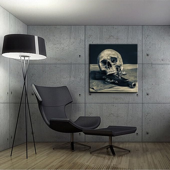 KREATIVE ARTS - Abstract Skull with a Gun Wall Art Canvas Painting Vintage Poster Prints Home Decor Wall Picture For Living Room Gift Hanging Wall Decor Picture 24x24inch
