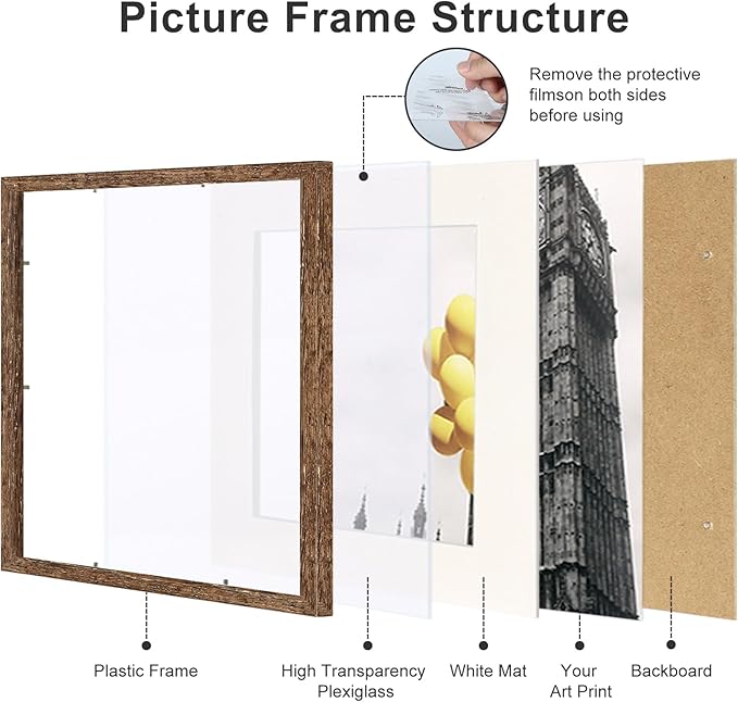 10x10 Picture Frame Set of 9, Display Pictures 8x8 with Mat or 10x10 without Mat, Multi Collage Gallery Square Photo Frames for Wall or Tabletop,Distressed Brown