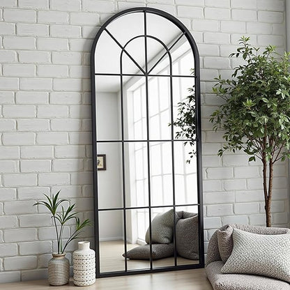 Degfig Arched Full Length Mirror with Grids, 71"X32", Arched Window Pane Wall Mirror, Floor Standing Mirrors, Farmhouse Long Full Body Mirrors Wall Mounted for Living Room, Bedroom, Entryway, Black