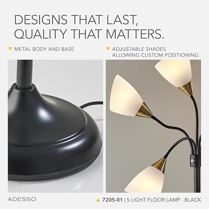 Adesso Floor Lamp with 5 Movable Shades & Adjustable Brightness – Perfect Lighting for Bedroom Decor, Beauty & Art Studio, Black