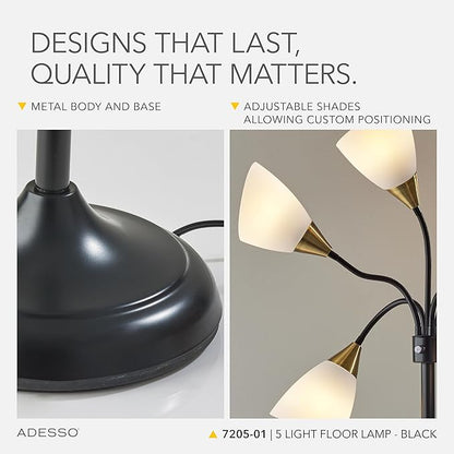 Adesso Floor Lamp with 5 Movable Shades & Adjustable Brightness – Perfect Lighting for Bedroom Decor, Beauty & Art Studio, Black